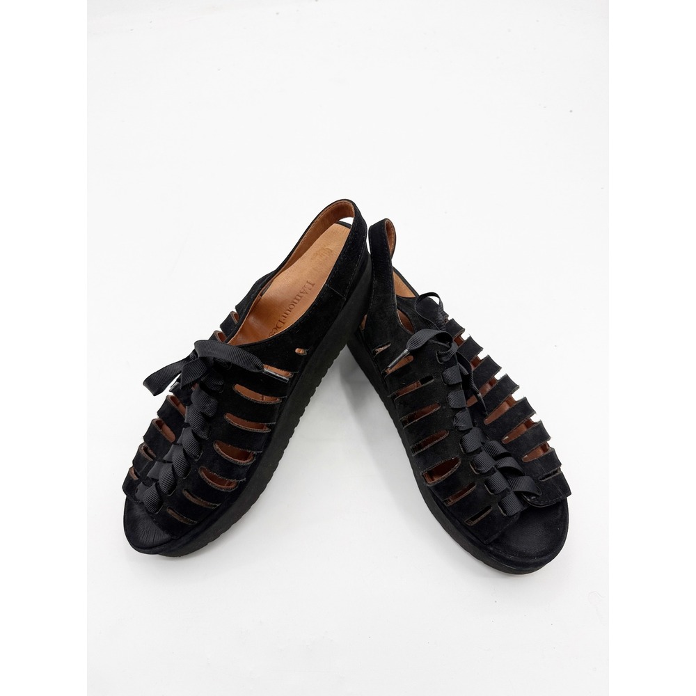 L'Amour Des Pieds Amarli Black Suede Ribbon Lace Up Platform Sandals Slingback 8